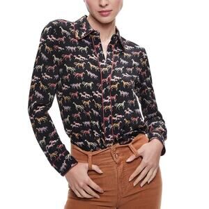 NWT Alice + Olivia Rodeo Black Horse Print Willa Placket Silk Top Womens Small